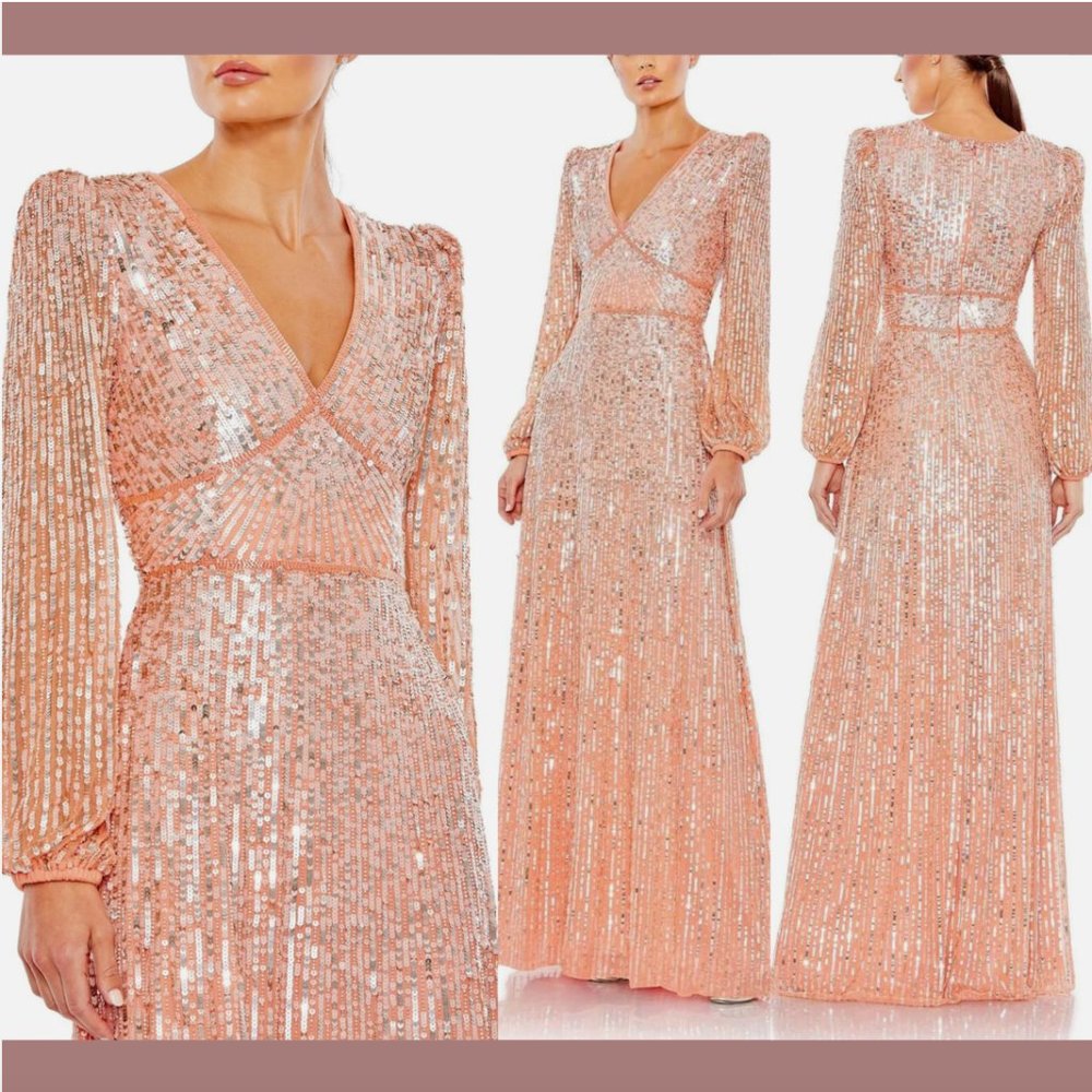NWT $598 Mac Duggal [‎ 6 ] V Neck Empire Waist Puff Shoulder Sequin Gown Q600